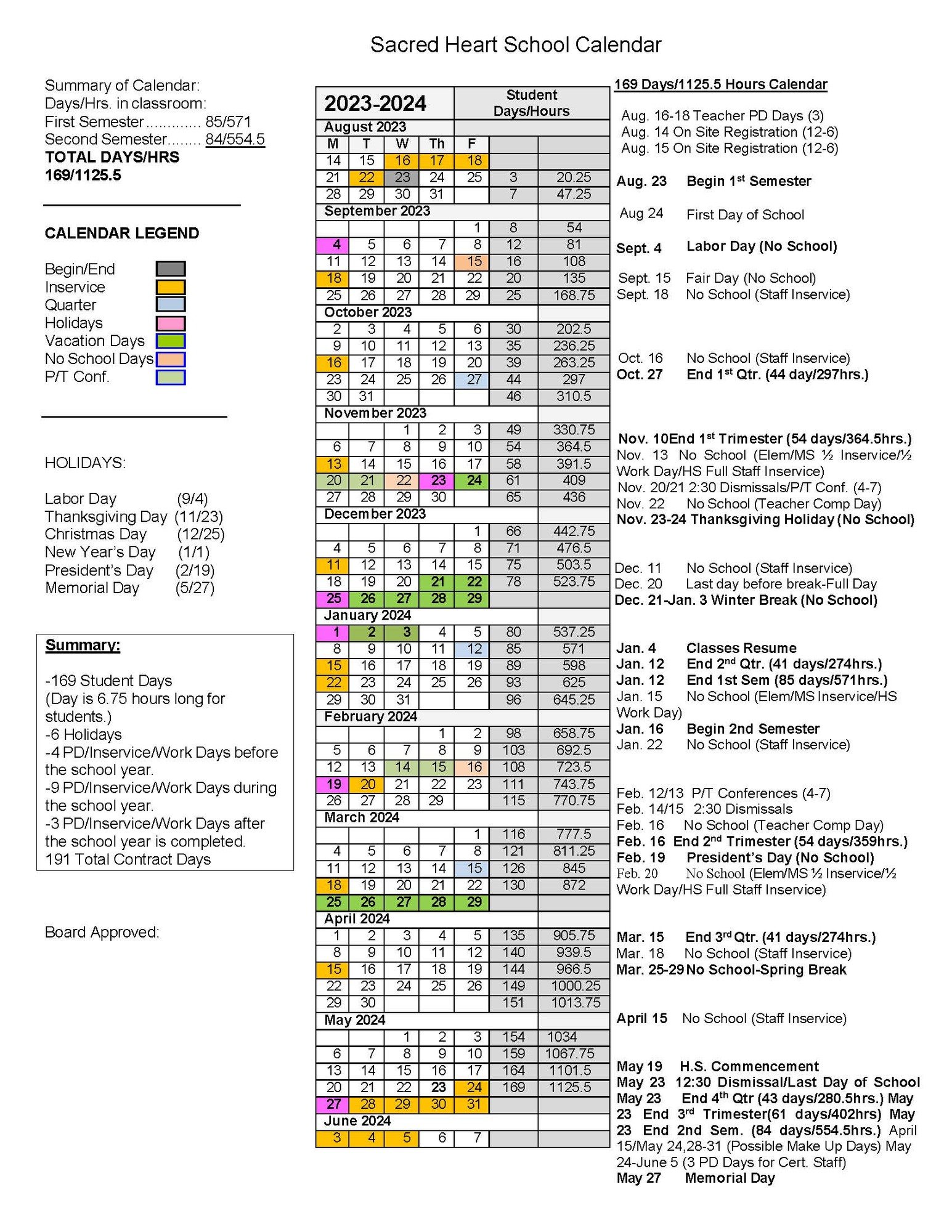 Sacred Heart School 20232024 School Calendar Spencer, IA